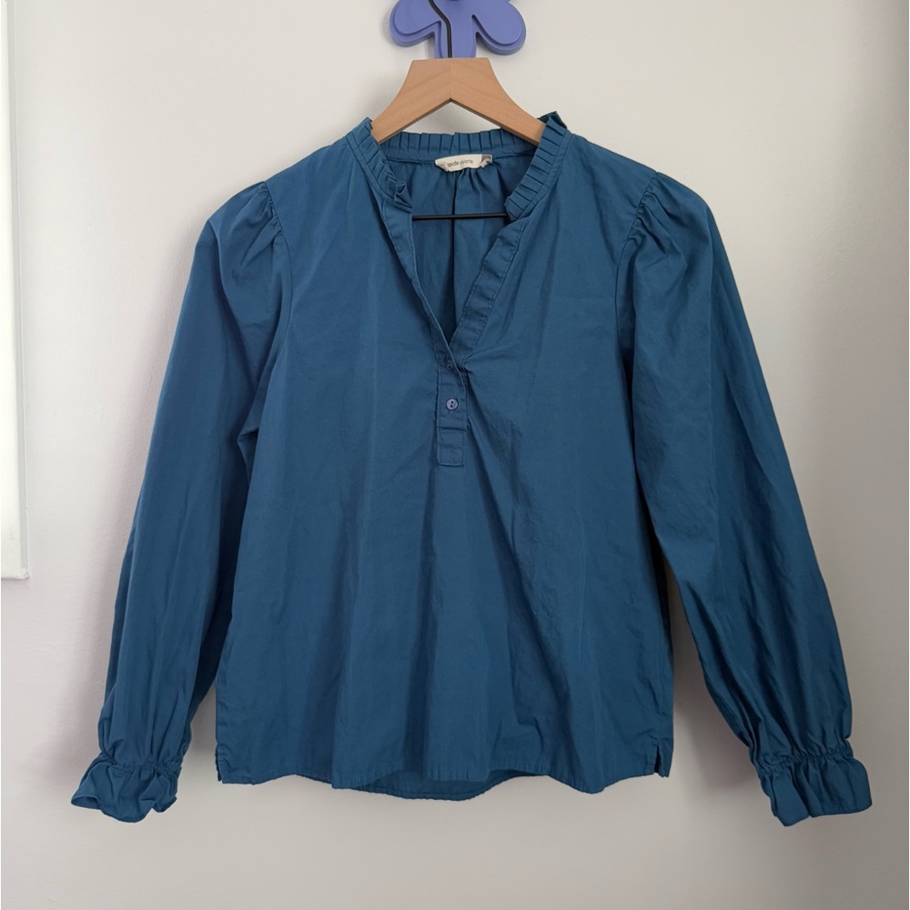 Maude Vivante Small Avery Top Blue Peplum Relaxed Puff Sleeve Office Preppy‎